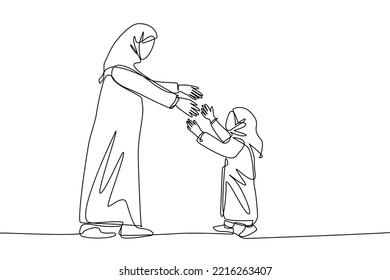 A single line drawing of a young woman and girl wearing a robe and hijab running face to face while preparing to hug. Muslim fashion in vector illustration. Modern continuous line drawing design