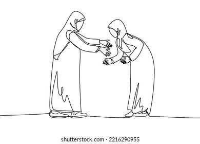 A single line drawing of a young woman and an elderly woman walking opposite each other while preparing to reach out. Mother and daughter in vector illustration. Modern continuous line drawing design