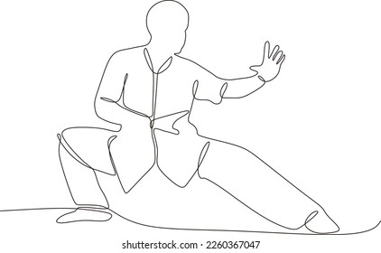 Single line drawing of young wushu fighter, kung fu master in uniform training tai chi stances in dojo center. fight. Trendy one line draw design vector