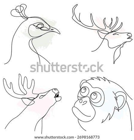 Single Line Drawings Peacock Deer Moose Monkey Heads Keywords peacock, deer, continuous line art bundle