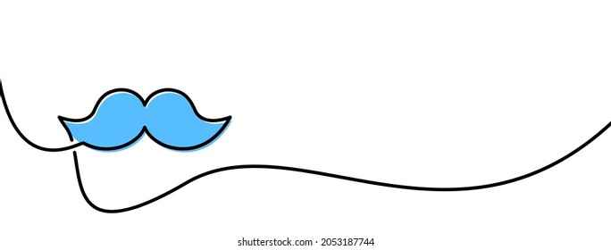 Single line drawn blue mustache outline. Vector illustration.