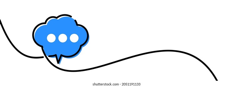 Single line drawn blue speech bubble cloud with ellipsis. Vector illustration.