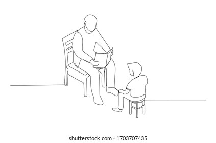 Single line drawn of grandfather reading a story book to his grand child vector