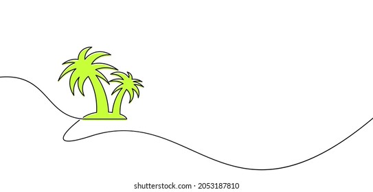 Single line drawn green palm outline. Vector illustration.