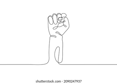 Single line drawn hand gesture,  minimalistic human fist, symbol of demonstration, revolution, protest, power, strength or champion. Dynamic continuous one line graphic vector design 