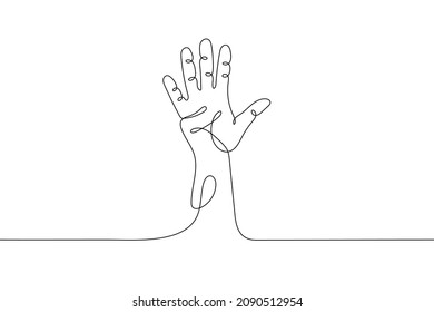 Einzeilige Handgetik, minimalistisch schwenkende menschliche fünf Finger Arm, Symbol des Handdrucks, hallo, winkend, Gruß, fünf, Stopp, Warnung. Dynamisches, kontinuierliches und einzeitiges Vektordesign 