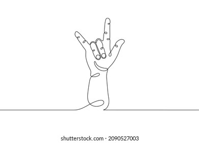 Single line drawn hand gesture,  minimalistic human rock hand, symbol of rock, heavy metal, rock and roll music, two fingers up. Dynamic continuous one line graphic vector design 