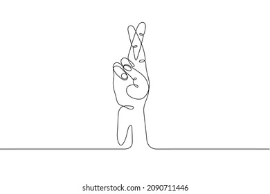 Single line drawn hand gesture,  minimalistic human hand with cross fingers, symbol of lie, on luck, superstition, wish, cheating. Dynamic continuous one line graphic vector design 