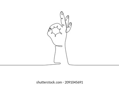 Single line drawn hand gesture,  minimalistic human hand with ok sign fingers, symbol of perfect, agreement. Dynamic continuous one line graphic vector design 