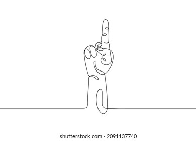 Single line drawn hand gesture,  minimalistic human hand with one raised up sign pointing finger, symbol of number 1. Dynamic continuous one line graphic vector design 