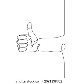 Single line drawn hand gesture,  minimalistic human hand with like sign fingers, symbol of thumbs up, great, agree. Dynamic continuous one line graphic vector design 