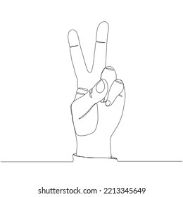 Single line drawn hand gesture, minimalistic human hand with victory or two raised up sign fingers, symbol of luck, victory, piece, success. Dynamic continuous one line graphic vector design