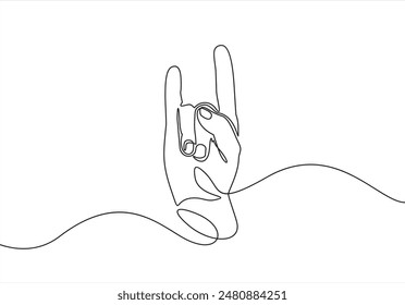 Gesto de mano dibujado de una sola línea, mano de rock humano minimalista, símbolo de rock, heavy metal, música rock and roll, dos dedos hacia arriba. Diseño de Vector gráfico dinámico continuo de una línea