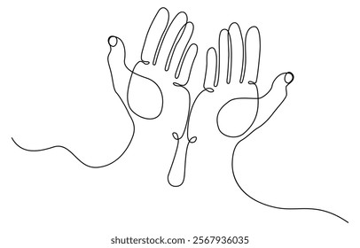 Single line drawn hand gesture, minimalistic waving human five fingers arm, Continuous line drawing of strong fist raised up. Human arm with clenched fingers, one line drawing vector illustration.