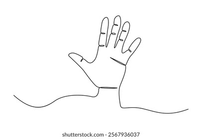 Single line drawn hand gesture, minimalistic waving human five fingers arm, Continuous line drawing of strong fist raised up. Human arm with clenched fingers, one line drawing vector illustration.