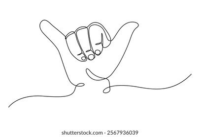 Single line drawn hand gesture, minimalistic waving human five fingers arm, Continuous line drawing of strong fist raised up. Human arm with clenched fingers, one line drawing vector illustration.