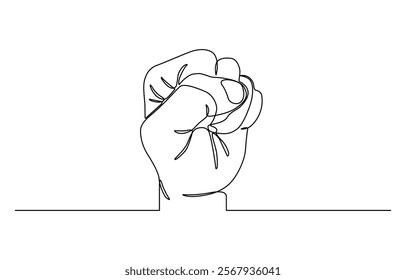 Single line drawn hand gesture, minimalistic waving human five fingers arm, Continuous line drawing of strong fist raised up. Human arm with clenched fingers, one line drawing vector illustration.