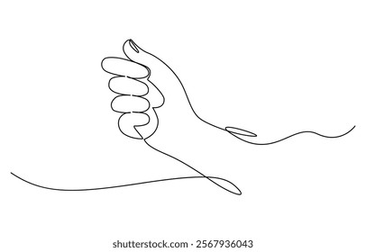 Single line drawn hand gesture, minimalistic waving human five fingers arm, Continuous line drawing of strong fist raised up. Human arm with clenched fingers, one line drawing vector illustration.