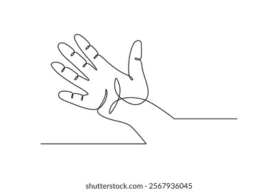 Single line drawn hand gesture, minimalistic waving human five fingers arm, Continuous line drawing of strong fist raised up. Human arm with clenched fingers, one line drawing vector illustration.