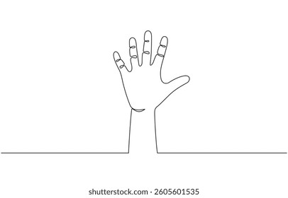 Single line drawn hand gesture, minimalistic waving human five fingers, Hand Waving Continuous Line Drawing with Copy Space. Dynamic continuous one line graphic vector design.