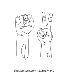 Single line drawn hand gestures,  minimalistic human hand with victory or two raised up fingers, symbol of luck, victory, piece, success, fist, symbol of demonstration, revolution, protest, power