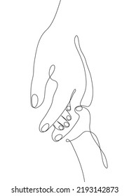 Single line drawn hand gestures,  minimalistic parent hand and baby, children hand holding finger. Love, motherhood, paternity, childhoodб care sign. Dynamic continuous one line graphic vector design 