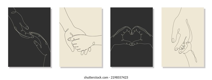 Single line drawn hand gestures set,  minimalistic human hands showing love, heart, romantic, relationship sign, barely touching, family, kids hand. Dynamic continuous one line graphic vector posters