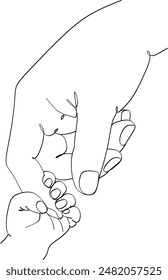 Single line drawn hand gestures, minimalistic parent hand and baby, children hand holding finger. Love, motherhood, paternity, childhoodб care sign. Linear drawing without artificial intelligence