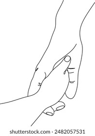 Single line drawn hand gestures, minimalistic parent hand and baby, children hand holding finger. Love, motherhood, paternity, childhoodб care sign. Linear drawing without artificial intelligence
