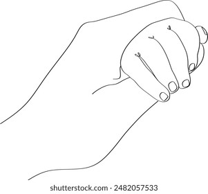 Single line drawn hand gestures, minimalistic parent hand and baby, children hand holding finger. Love, motherhood, paternity, childhoodб care sign. Linear drawing without artificial intelligence