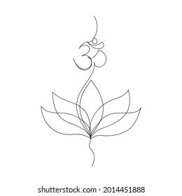 Single Line Drawn Lotus Flower With Om Sign. Symbol Of Buddhism, Yoga, Hinduism, Spirituality. Yoga Mudra. Black And White Vector Illustration.