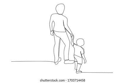 Single line drawn of a parent holding her/his child hand while walking 