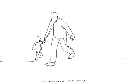 Single line drawn of a parent holding her his child hand while walking. Continuous one line drawing