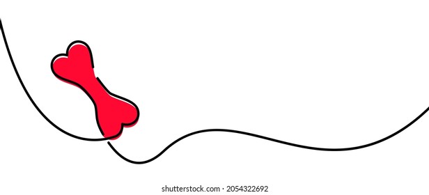 Single line drawn red doggy treat bone. Vector illustration.