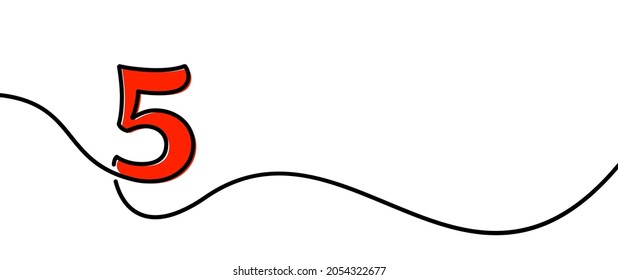 Single line drawn red five 5 number. Continuous line contour. Vector illustration.