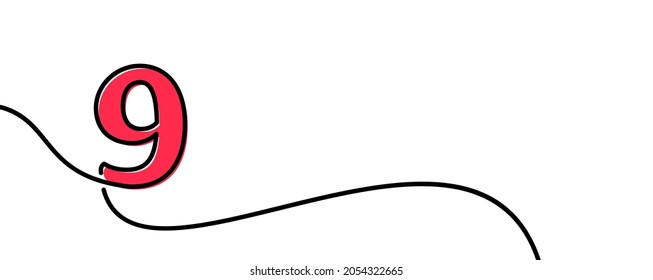Single line drawn red nine 9 number. Continuous line contour. Vector illustration.