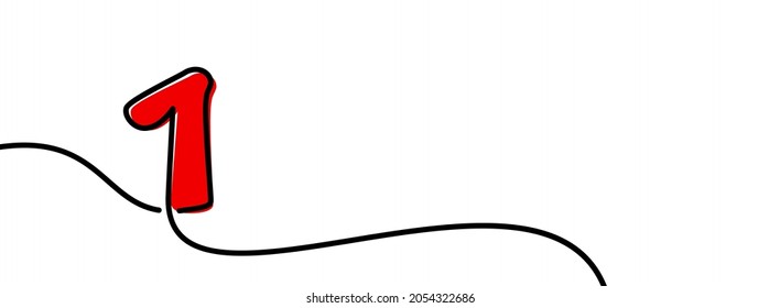 Single line drawn red one 1 number. Continuous line contour. Vector illustration.