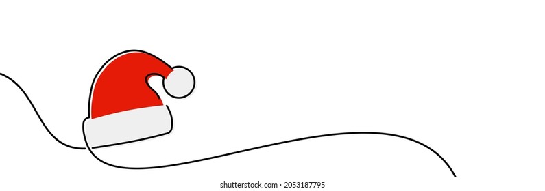 Single Line Drawn Red Santa Hat Outline. Continuous Line. Vector Holiday Illustration.