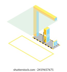 Single line of electric vehicle charging station facility with transparent glass roof for public facility. Isometric view and 3d vector illustration.