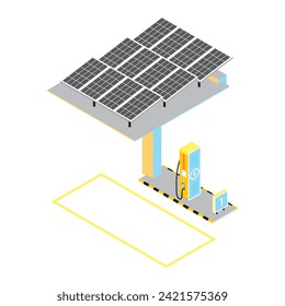 Einzelleitung zur Ladestation für Elektrofahrzeuge mit Solarpaneelmodul auf dem Dach für öffentliche Einrichtungen. Isometrische Ansicht und 3D-Vektorgrafik.