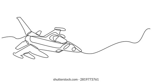 Single line of a fighter jet in flight with a curved contrail airplane aircraft military vector illustration isolated on white background.