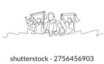 single line football supporters group.continuous line drawing of fans cheering with flags and scarves.stadium atmosphere concept.one line vector illustration.