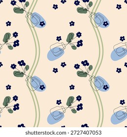 Einzeilige Glasvase mit kleinen blauen Blumen und gekrümmten grünen Linien