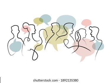 Single Line Hand Drawing Of Group Of People With Speech Bubbles. Community, Cooperation, Teamwork