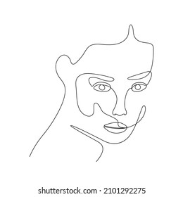 Single line hand drawn young woman portrait female beauty, minimalistic beautyfull girl face. Dynamic continuous one line graphic vector design. Black and white illustration