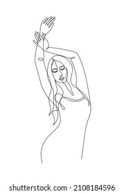 Single line hand drawn young woman figure, body, female beauty, minimalistic beautyful girl. Dynamic continuous one line graphic vector design. Black and white illustration