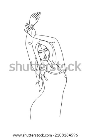 Single line hand drawn young woman figure, body, female beauty, minimalistic beautyful girl. Dynamic continuous one line graphic vector design. Black and white illustration