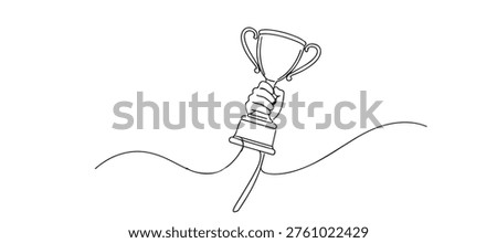 single line hand holding trophy.continuous line drawing of hand lifting award cup.victory achievement concept.one line vector illustration.