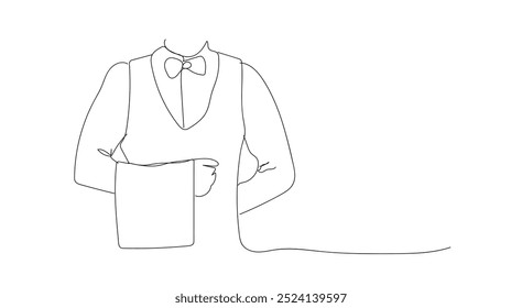 Single line of happy male waiter butler man wear shirt black suit bow tie gloves elegant uniform hold towel point hand aside work at cafe.  Hand made vector not AI.