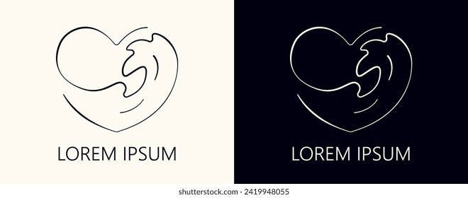 Single line heart with a sea wave inside. Linear sign of a heart with splashing waves, a symbol of love for the sea, ocean. Isolated design element for icon, logo, emblem, etc. Vector illustration.